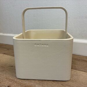 GATHRE Caddy Large Leather Storage Basket Ivory w/ Handle Organizer